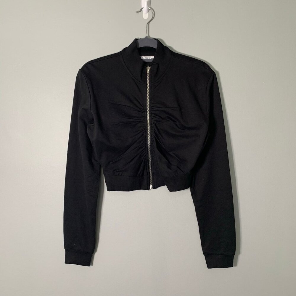 Ardene Ruched Front Cropped Zip Up Sweatshirt Womens Medium Black Mock Neck